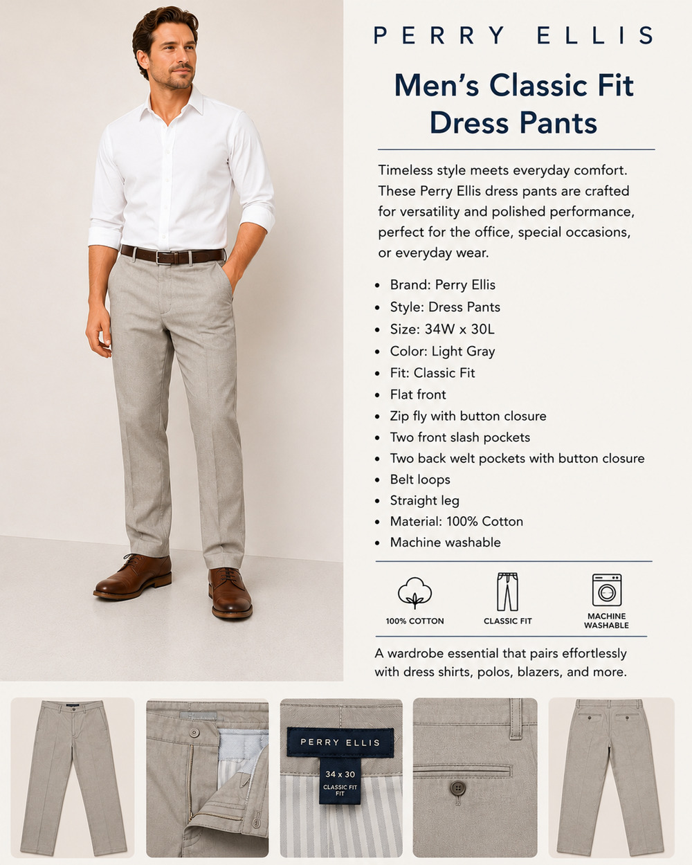 Perry Ellis Men's Classic Fit Chino Pants – Light Grey– Size 34x30